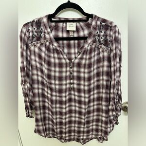 Knox Rose Red & White Plaid Embroidered Top, Size M